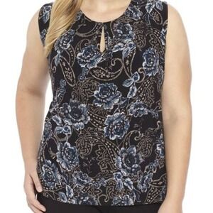 Kasper Blue  Pleated‎ Sleeveless Paisley Print Knit Top Medium